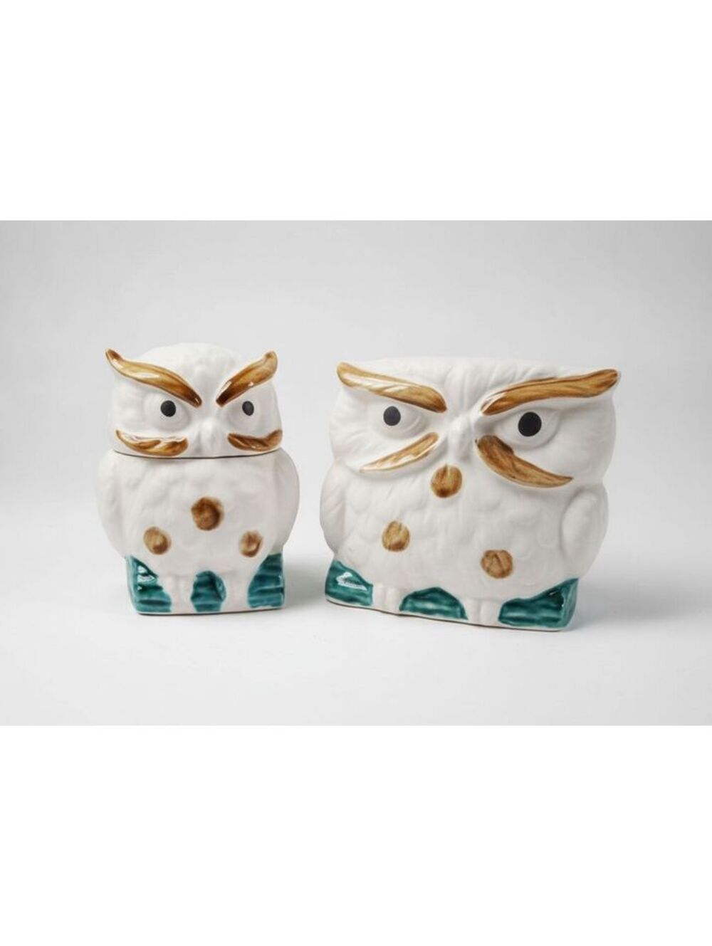 Vintage Set of Enesco Japanese Owls White Ceramic Condiment Bowl & Napkin Holder